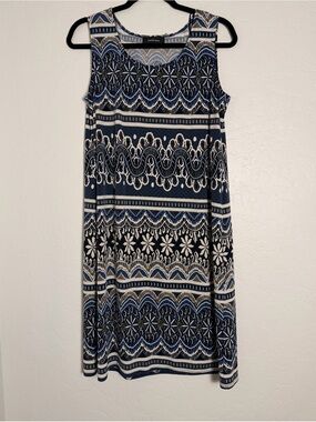 R&M Richards Women's Sz14 Shift Dress Navy/Cream Sleeveless Stretchy Relaxed Fit